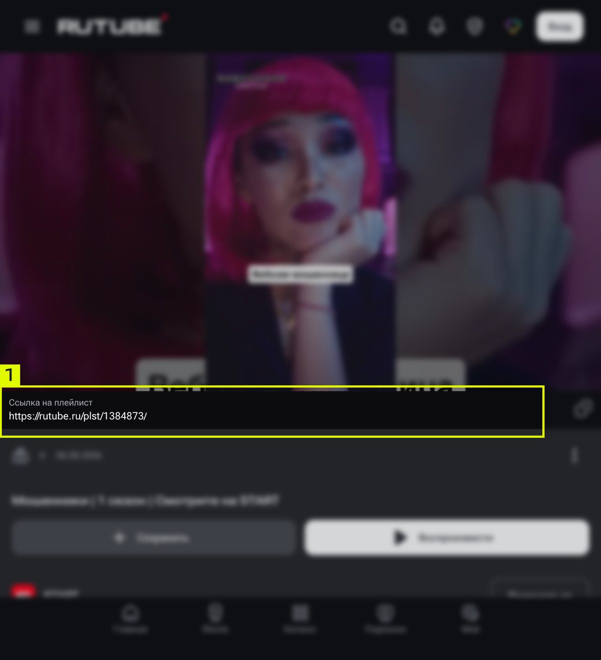 Страница плейлиста на rutube.ru, выделена строка «Ссылка на плейлист» с адресом вида rutube.ru/plst/