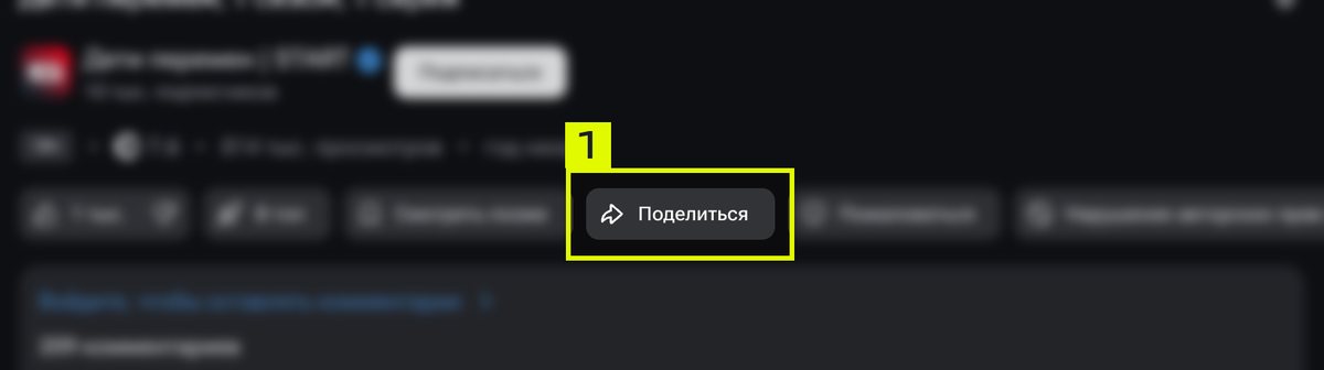 Ряд кнопок под плеером на сайте rutube.ru, выделена кнопка «Поделиться»